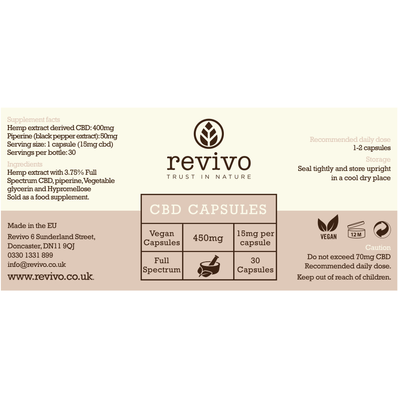 Revivo 450mg Vegan CBD Capsules Bottle